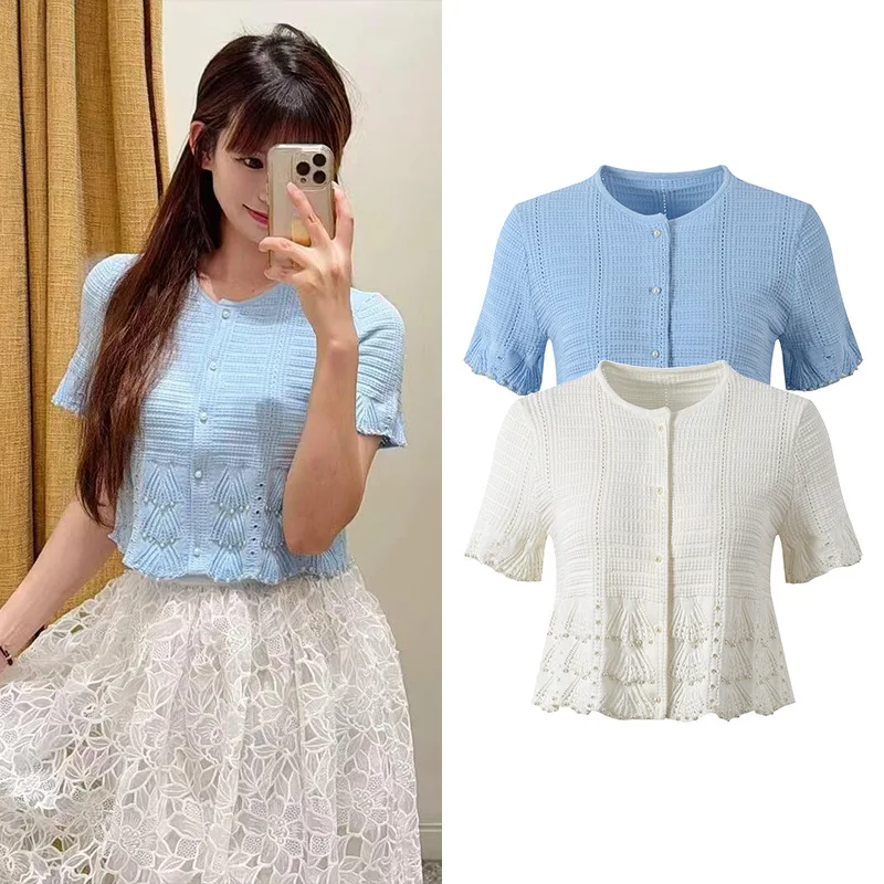 

Faionable ort Knitted Open Cardigan round Ne Pearl Button Hollow out Hook Pattern Design Spring Summer New Arrival Wome...