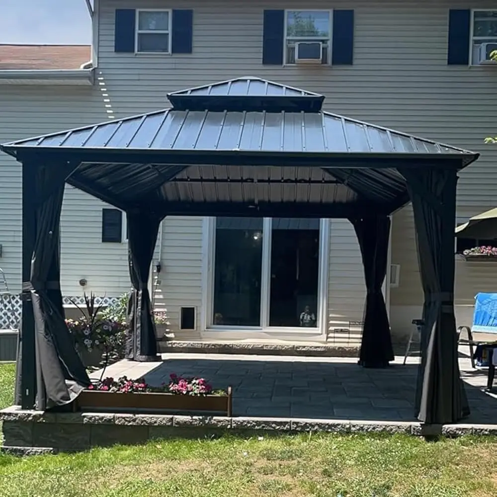 

10’ x 10’Outdoor Permanent Metal Pavilion with Galvanized Steel Double Roof for Patio Lawn and Garden, Gray