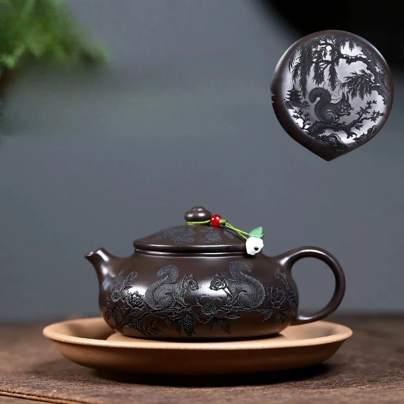 

270ml Yixing Purple Clay Teapots Handmade Squirrel Han Jiang Pot Raw Ore Stone Yellow Mud Kettle With Filter Zisha Tea Set Craft