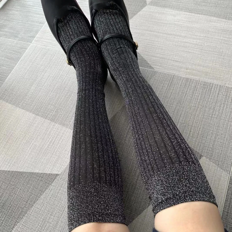 

Fashion Glitter Socks Women Harajuku Shiny Stockings Filigree Long Socks Bright Silk Knee Socks Sparkly Christmas Loose Socks