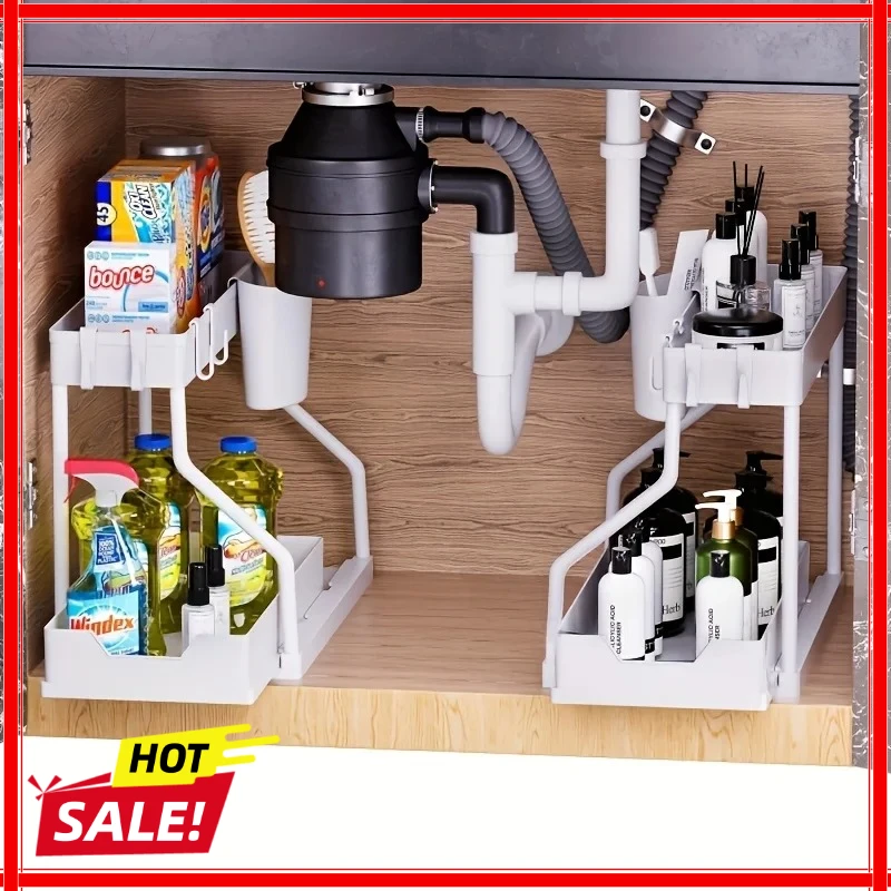 New double-layer pull-out rack, bathroom lower sink, kitchen storage rack view 2