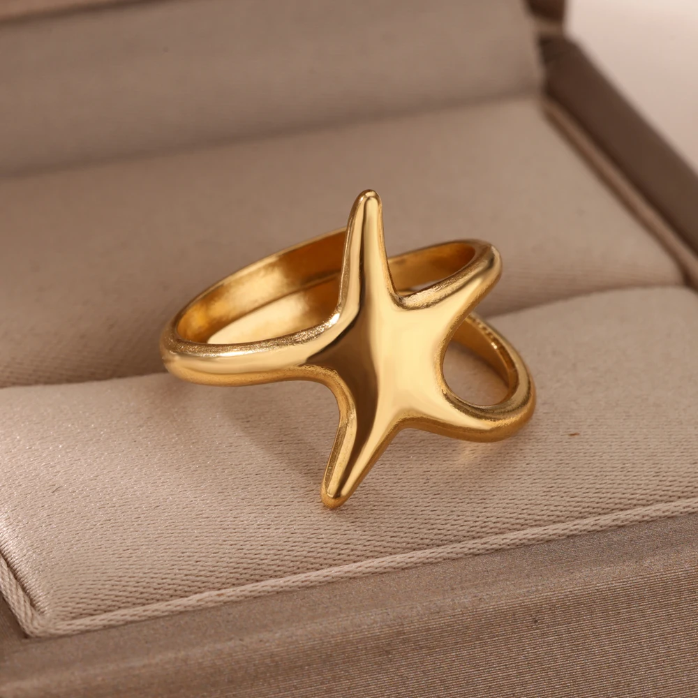 Fashion Shell Starfish Rings for Women Stainless Steel Gold Color Open Adjustable Ring Aesthetic Wedding Waterproof Jewelry Gift
