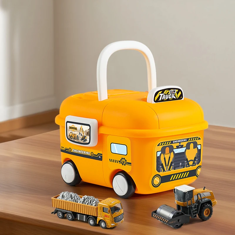 1:55 6 pçs/set simulação engenharia bulldozer escavadeira guindaste com caixa de armazenamento carro brinquedos liga diecast construção para o presente do menino