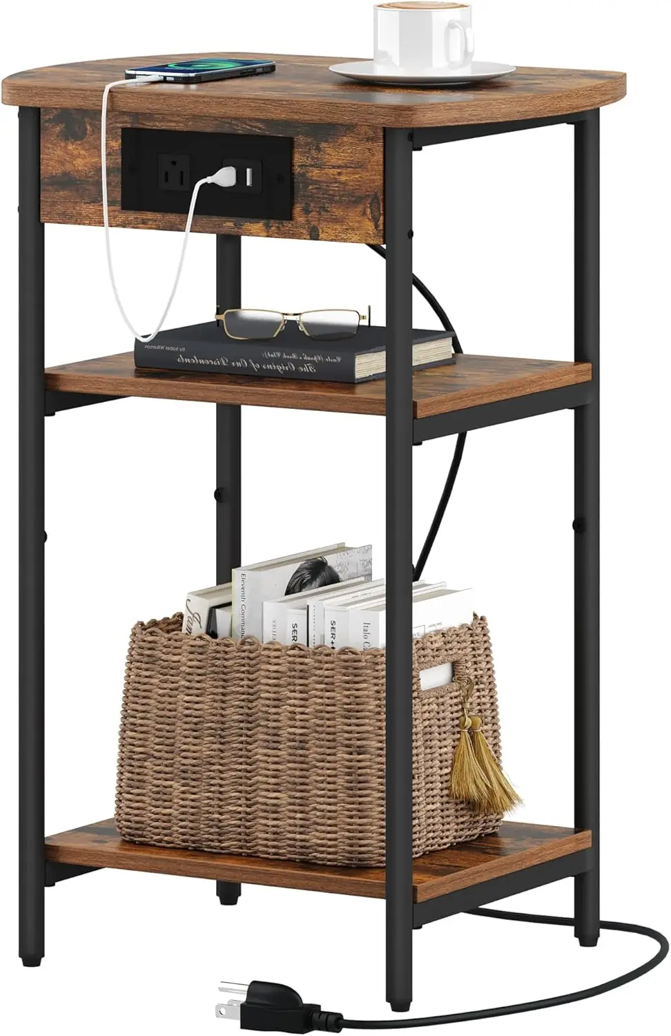 

End Table with Charging Station, 3 Tier Storage Bed Side Table with USB Port & Outlet, Nightstand for Living Room, Bedroom, N