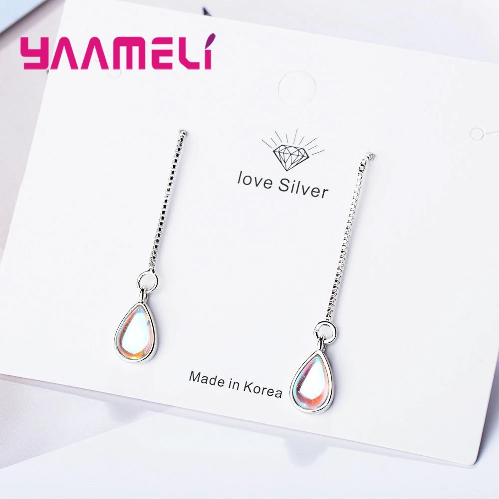 Unique Style Moonstone Earrings 925 Sterling Silver Long Thread Water Drop Statement Jewelry for Women Girl Boho Wedding