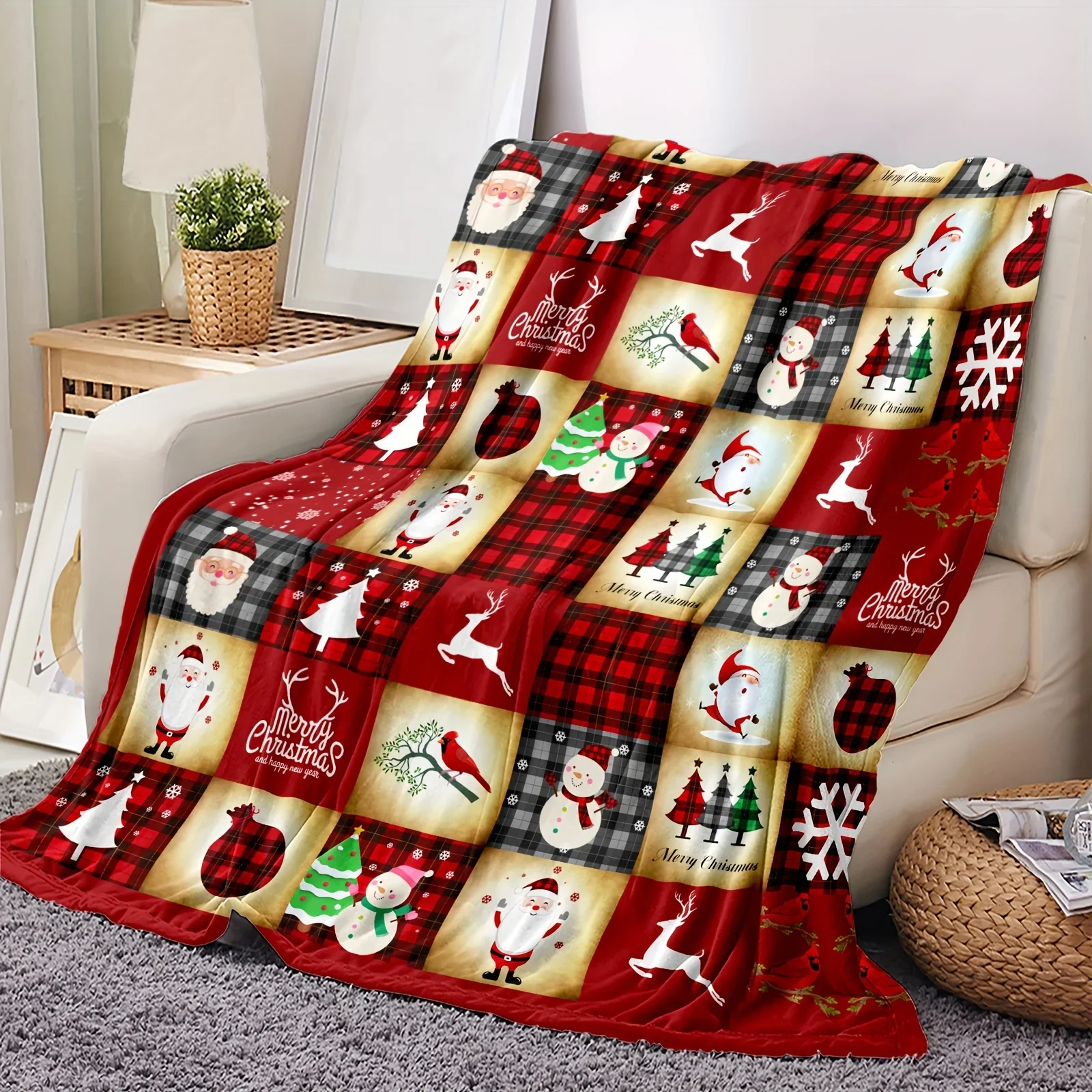 

Flannel Blanket – Christmas Theme, Santa Claus, Snowman & Elk Patterns, Printed Gift for Couch, Bed, Sofa, Car, Travel