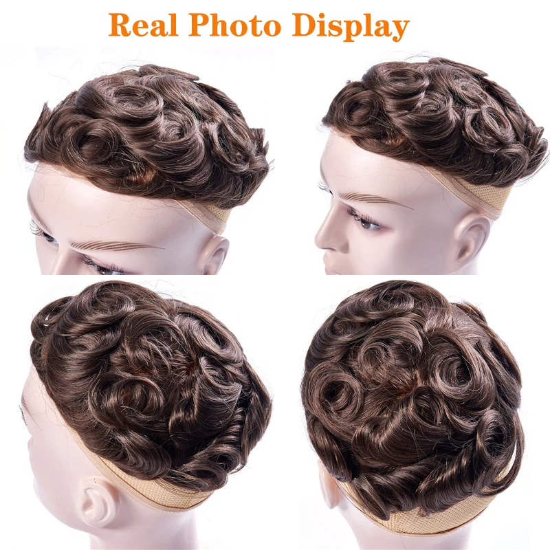 Swiss Lace&PU Base Men Toupee Breathable Replacement System Natural Human Hair Wigs Men\'s Capillary Prosthesis Bleached Knots