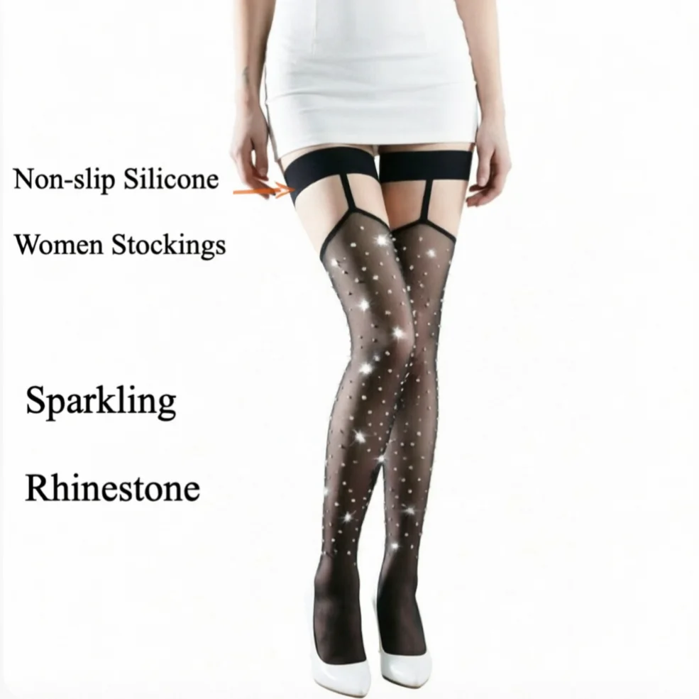 

Elastic Silicone Stay Up Stockings Sparkling Rhinestone Silky Long Socks Plus Size Women's Stockings Sexy Outfit Female Hosiery