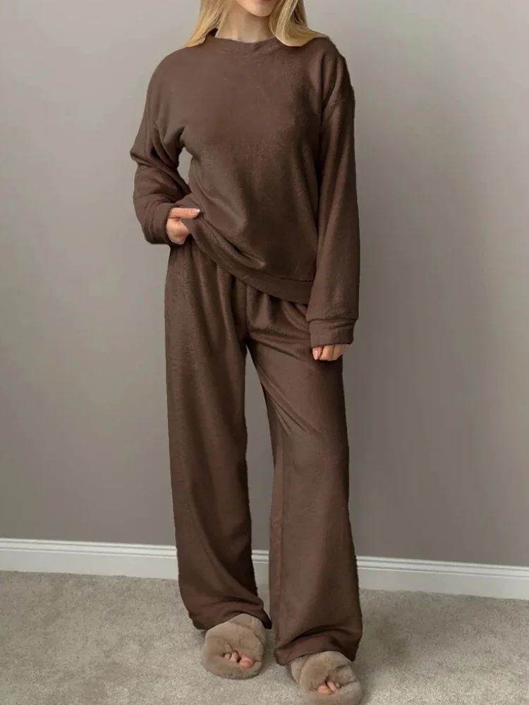 

Casual Solid 2 Piece-Set Pajama Sets For Women Loose Round Neck Long Sleeves Long Pants Loungewear sets Outfits Female New