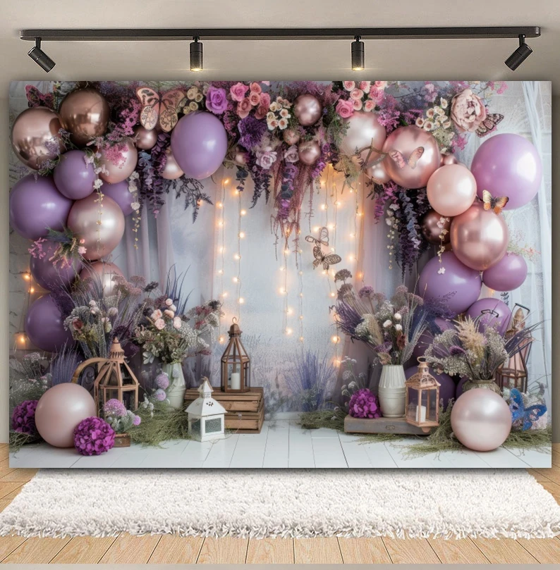 Fondo de mariposa con globos de flores moradas para bebé recién nacido, fiesta de 1er cumpleaños, pastel, Smash, fondo de fotografía de boda, estudio fotográfico