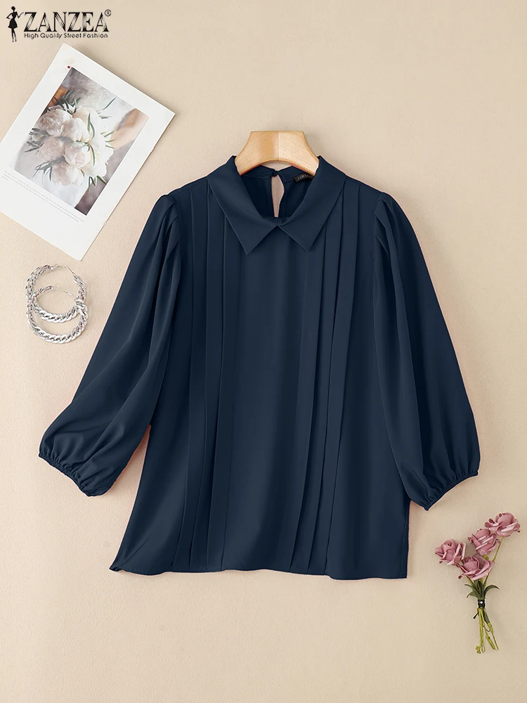 ZANZEA Korean Women Fashion Blouses 2025 Autumn Puff Sleeve Pullover Casual Solid Tunic Tops Pleated Elegant Office Lady Shirts