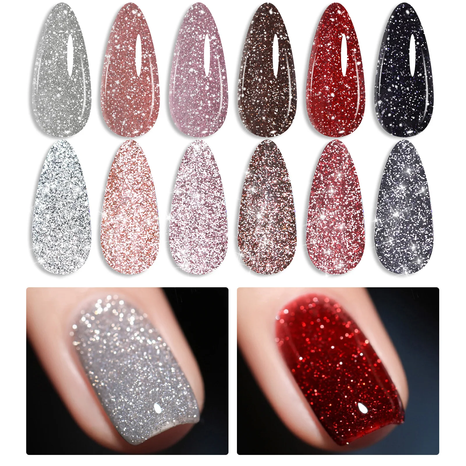 BORN PRETTY Reflective Red Glitter Gel Nail Polish Set Glitter Sparkly Shiny Disco DJ LED Nail Polish Varnish 6PCS 7ML