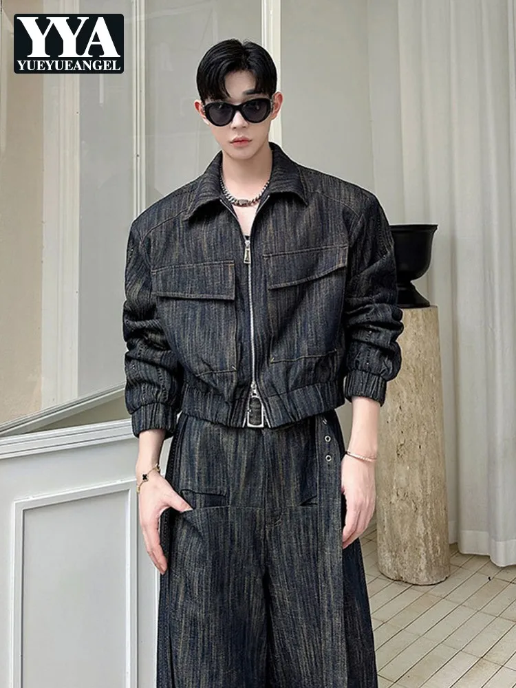 

Vintage Mens Loose Fit Wide Leg Pants Jacket Denim Set New Designer High Street Cowboy Outfits Jeans Short Coat Two Piece Sets