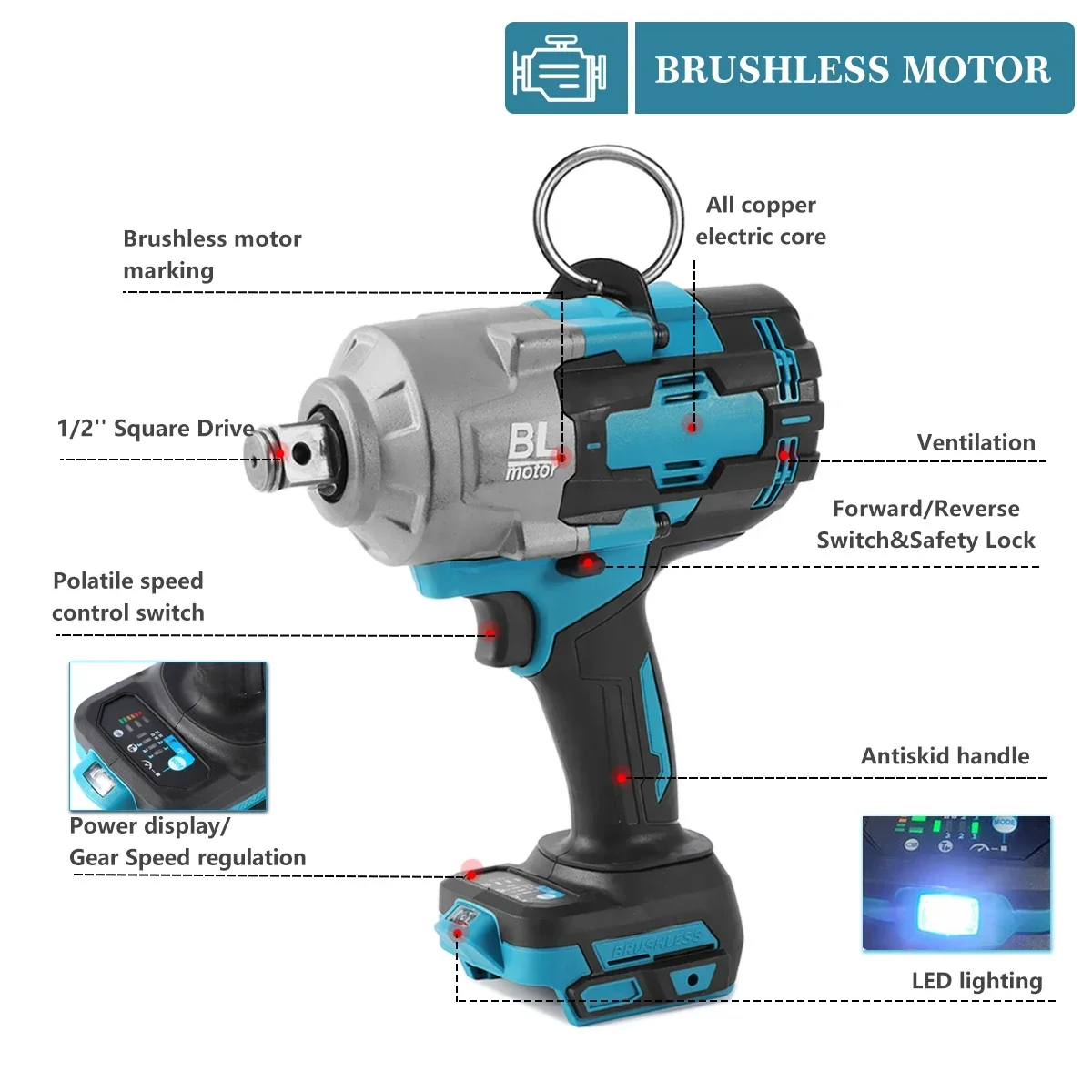 Brushless Electric Impact Wrench High Torque 1000N.m  Cordless Wrench 1/2 inch Rechargeable For Makita 18V Battery By WOBERICH