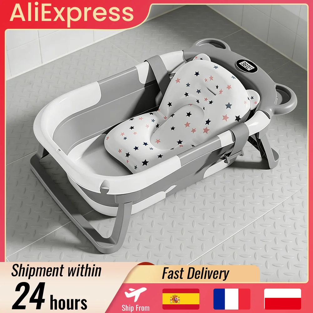 Bañera plegable para bebé con termómetro integrado, cojín antideslizante y diseño plegable para bebés de 0 a 36 meses, baño infantil
