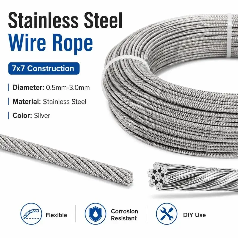 5~10M Stainlesss Steel Marine Wire Rope Rustproof Lifting Line Cable Clothesline Ropes Rigging Deck Railings Hanging Fencing