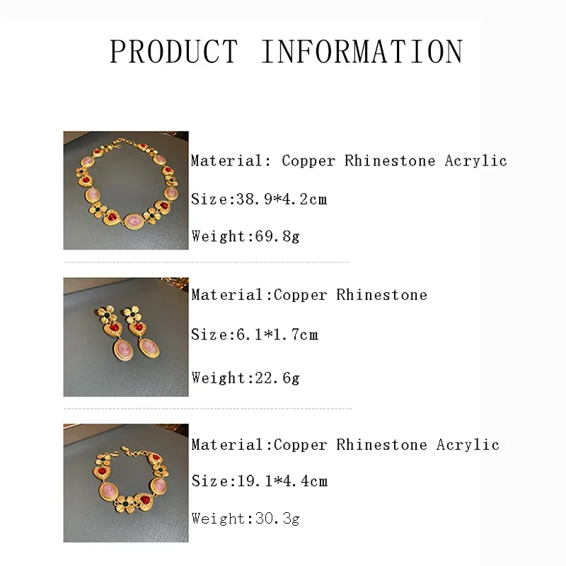 Medieval Vintage Flower Portrait Necklaces for Women Heart-shaped Rhinestones Bracelet Palace Dangle Earrings Jewellery Sets K
