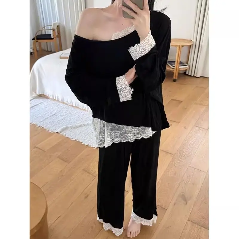 

2026 Lace Slanted Shoulder Beautiful Back Pajamas Women Can Wear Loose Long-sleeved Sexy Loungewear Suit in Spring and Autumn