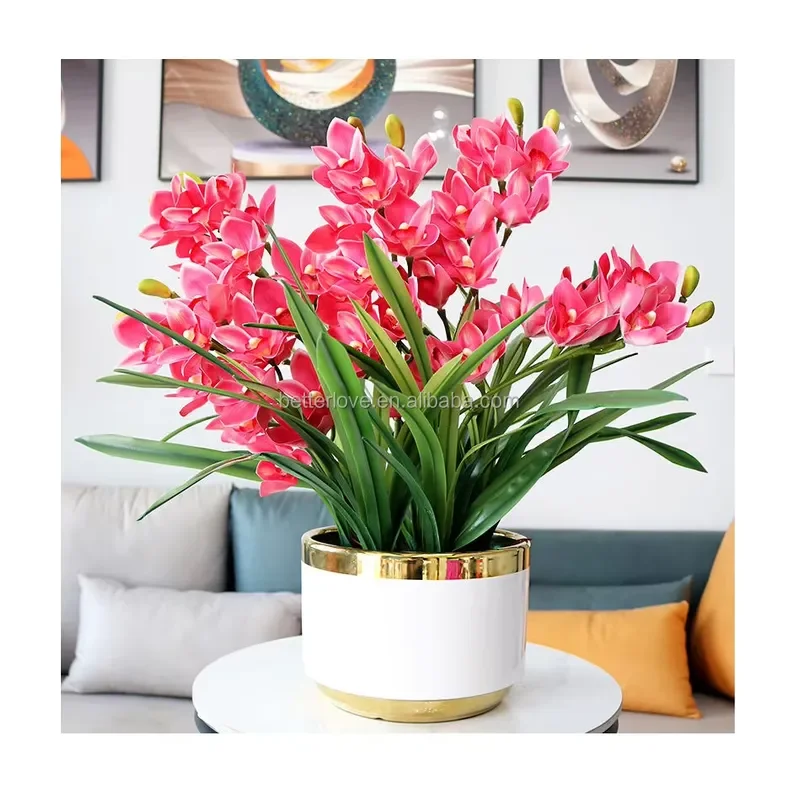 Real Touch Artificial Orchid Potted Plant Fake Flower Arrangement Home Office Desk Decor for Living Room Bedroom Wedding Gift
