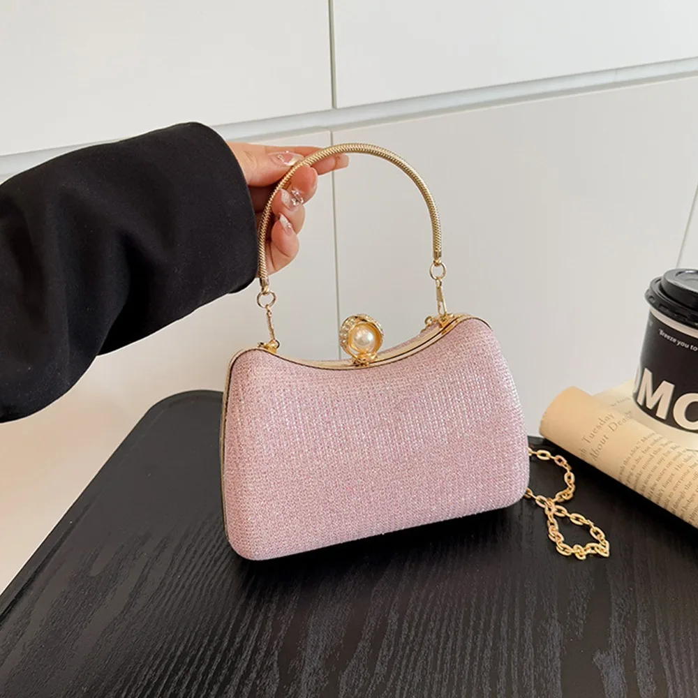 

Portable Elegant Evening Banquet Bag Metal Top Handle Large Capacity Box Shoulder Bag Phone Pouch Snap Closure Handbag Party
