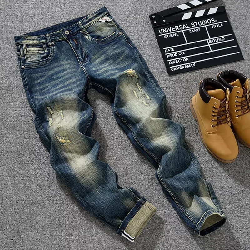 

Y2K Street Designer Fashion Men Jeans Retro Black Blue Stretch Slim Fit Ripped Jeans Men Embroidery Patched Vintage Denim Pants