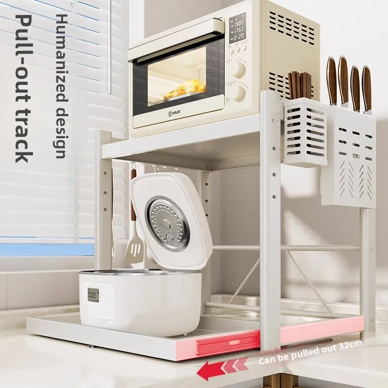 Pull-out kitchen, microwave oven rack, multi-functional discharge kitchen utensils, electrical countertops, electrical storage