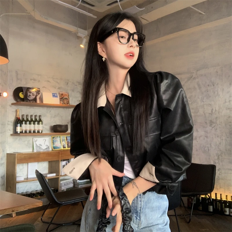 Spleißen Farbe Stil Schwarz Kurze Motorrad Leder Jacke Für Frauen High-end-Herbst Winter Amerikanischen Retro Y2K PU Leder mantel