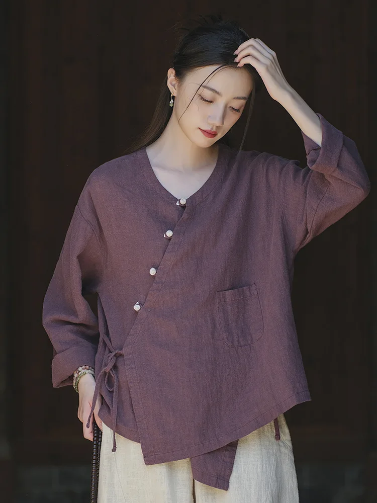 

Chinese Hanfu Cotton Linen Cardigan Shirt Woman Kimono Jacket Solid Color Chinese Style Casual Loose Coat Beach Casual Tops