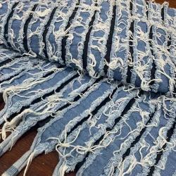 Washed Distressed Tassel Frayed Denim Fabric Vintage Design Clothing Designer Denim Fabric