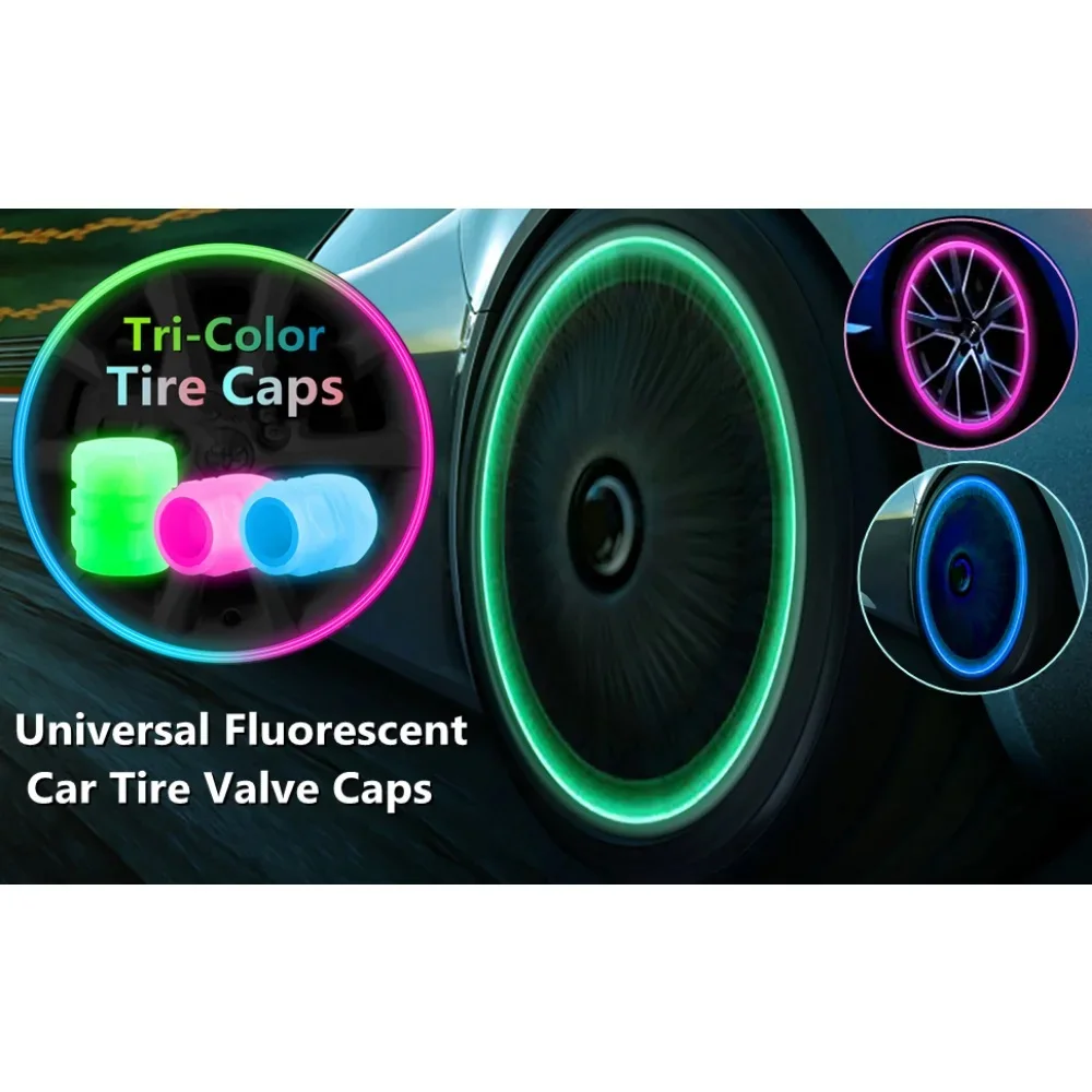 20PCS Luminous Tire Valve Caps Motorcycle Bike Wheel Nozzle Dustproof Tyre Valve Stem Fluorescent Night Glowing Car Decor