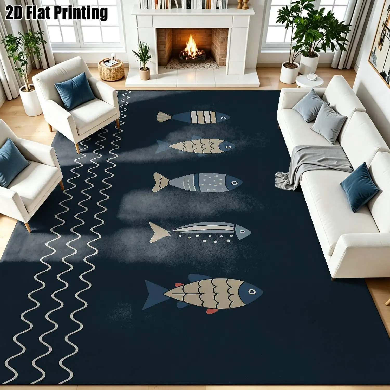 1Pc 2D Printed Dark Blue Geometric Fish Pattern Nordic Modern Minimalist Carpet, Suitable for Home Decor, Machine Washable, Multiple Sizes, for Entrance, Dining Room, Foyer, Bedroom, Living Room