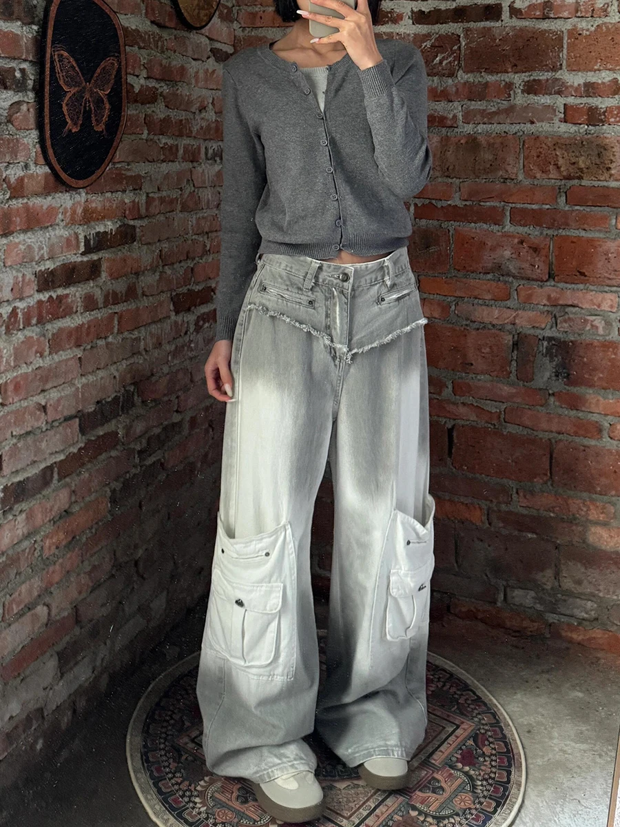 ReddaChic Celana Kargo Multi-saku Abu-abu Retro Wanita Jeans Lurus Kaki Lebar Naik Tinggi Kelim Mentah Gradien Wanita Y2k Pakaian Jalan Antik