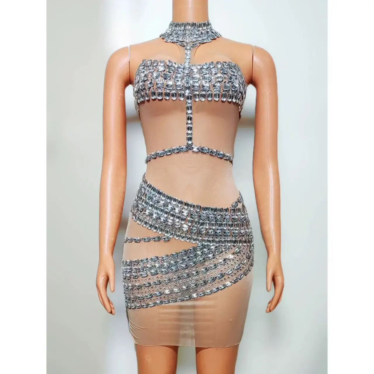 

Glitter Mesh See Through Sleeveless Evening Party Gowns Night Club Outfit Crystals Diamonds Luxury Party Mini Dress