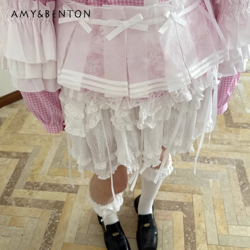 

2025 Spring Summer Autumn White Bow Cute Women's Pleated Short Skirt Original Design Sweet Transparent Mesh Fart Curtain Ladies