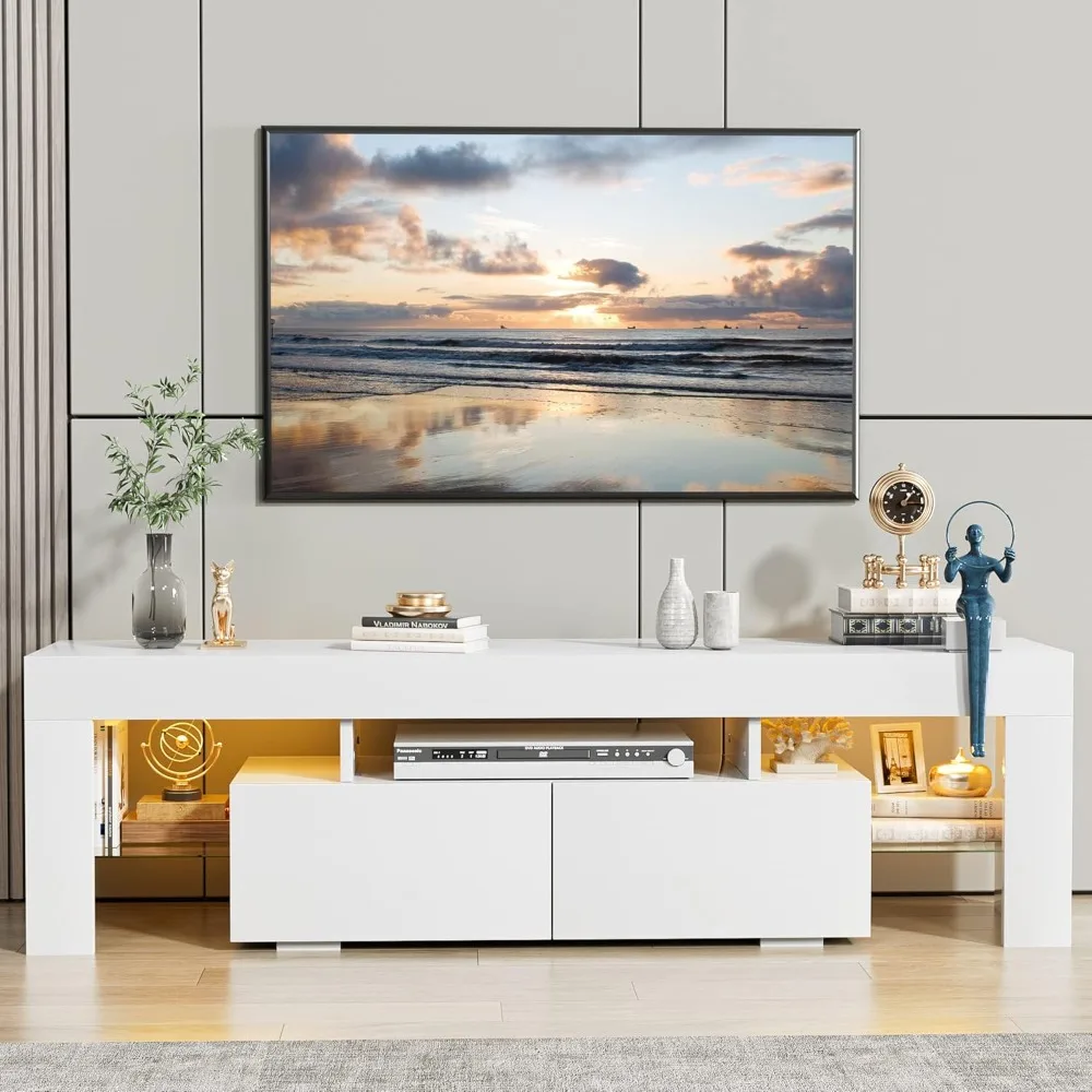 Modern Lighting TV and Open Shelf, TV Console Table with 1 Drawer and Remote Control,20 Color LED Lights Up To 70 Inch TV(White)