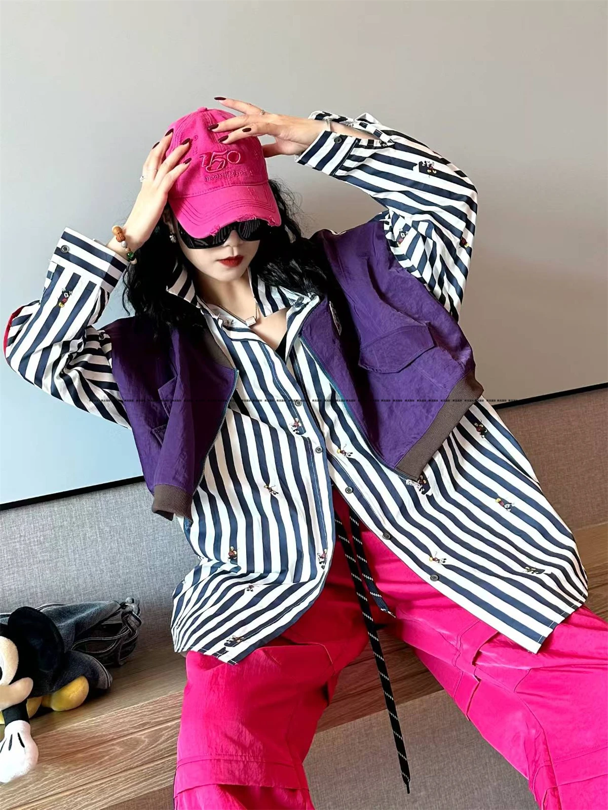 High-end Loose Striped Shirt for Women Mid-length Boy Friend Style Oversized Cartoon Patch Polo Neck Long Sleeve Shirt for Women