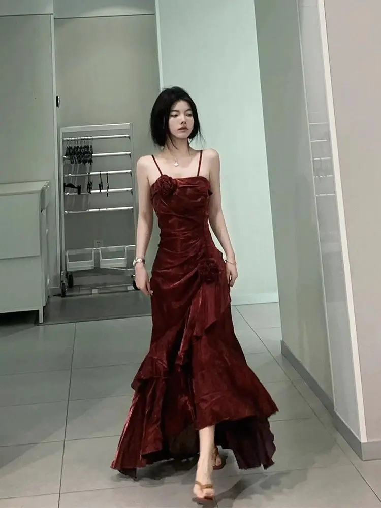 Red Rose Vintage Long Dress Women 2024 Summer Slim Mermaid Spaghetti Strap Floral Dress Female Elegant Sexy Evening Party Dress