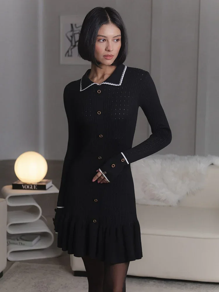 Trendix Knit Vintage Dress Women Autumn Long Sleeve High Waist Elasticity Ruffle Midi Dresses Lapel Button Elegant Evening Dress