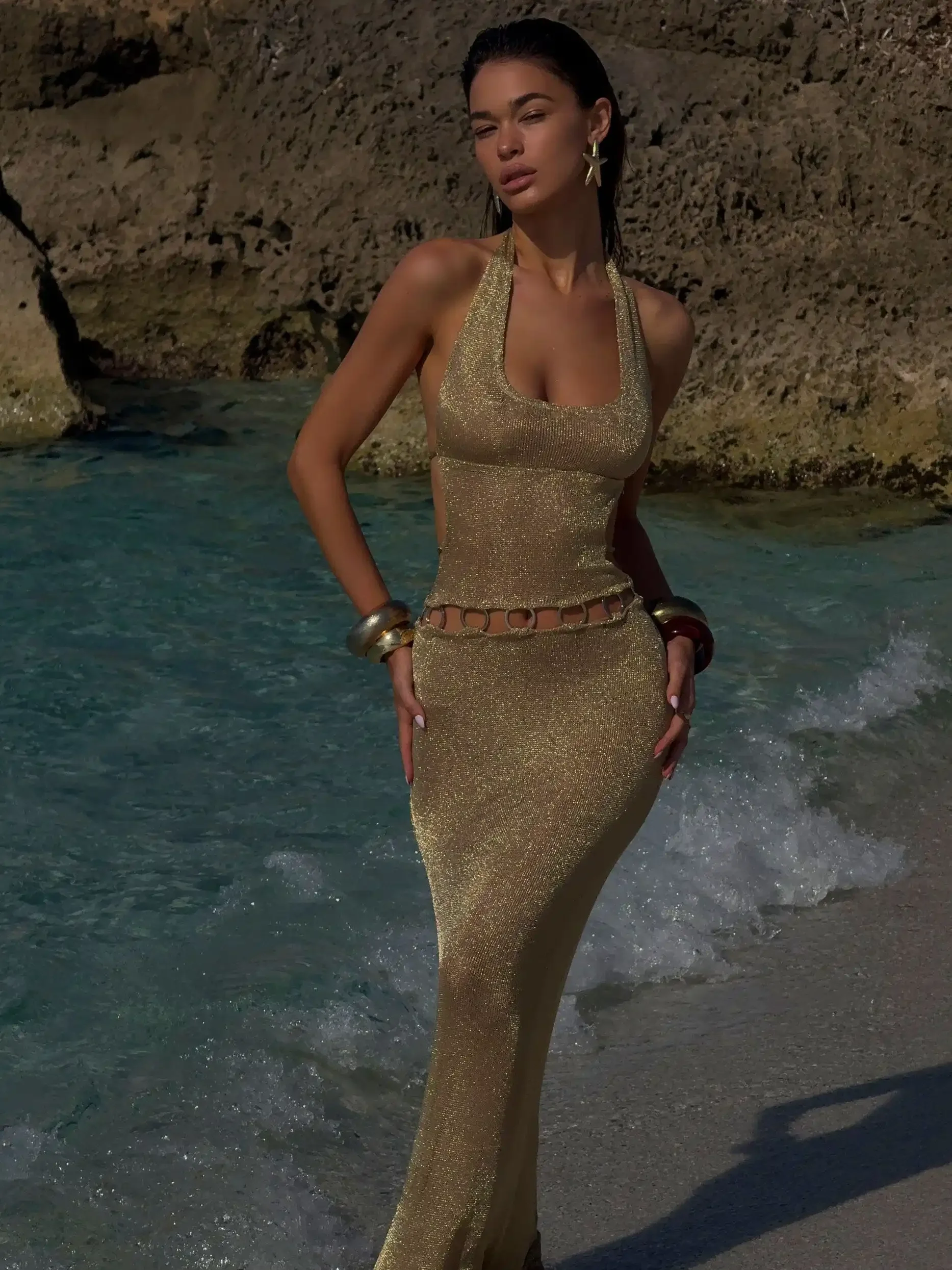 Abito ritagliato aderente con scollo all'americana da donna senza maniche con scollo a U con lacci patchwork abito lungo moda stile spiaggia abito femminile estivo