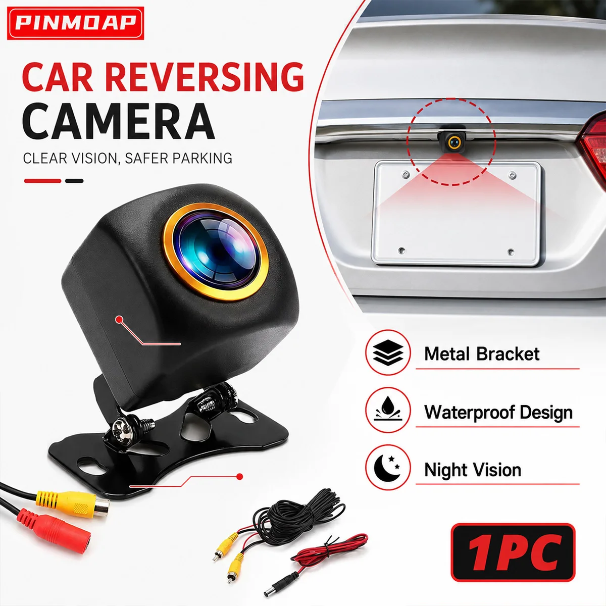 PINMOAP AHD 1080P Backup Camera Rear View Reverse Camera 170° Wide Angle Waterproof Night Vision RCA 12V for Car SUV Truck RVs