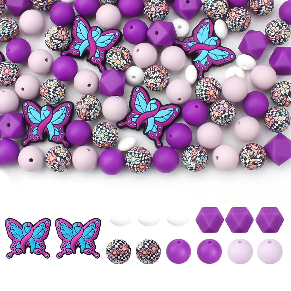 20/30pcs Silicone Beads Purple Butterfly Depression Prevention Series for DIY Pendant Pearl Keychain Jewelry Accessories