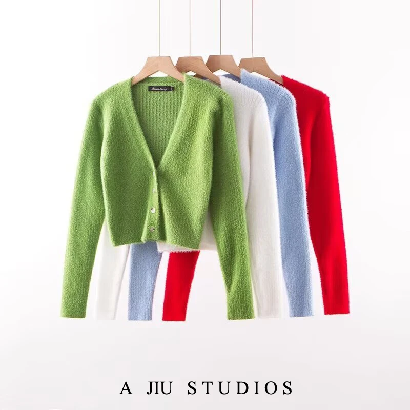 

Fluffy Long Sve V-Ne Knitted Cardigan Women's Slim Fit ort Coat Spring Autumn Season Open Front Soft Polyester Fiber