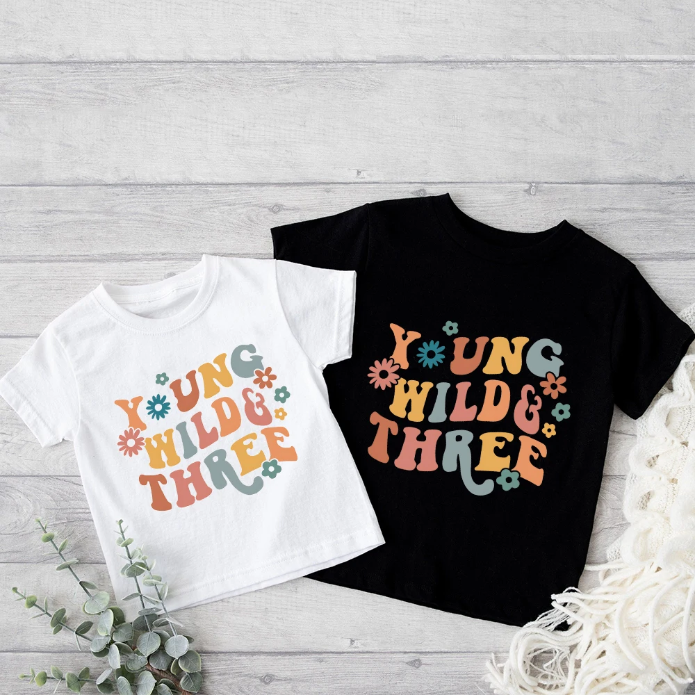 

Young Wild & Three Retro Groovy 3rd Birthday Toddler Kids T-Shirt 3 Year Old Girls Third Party Tshirt Birthday Outfit