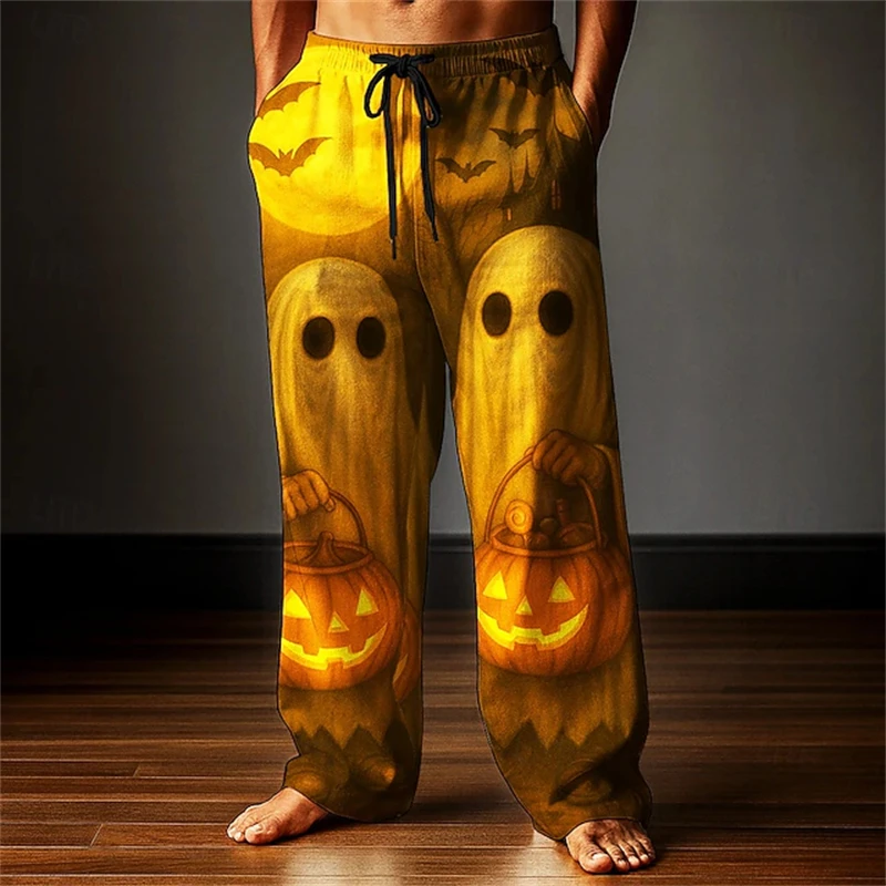 2026 New Men's Pumpkin Ghost Pants Mid-Rise with Drawstring Elastic Waistband Casual Outdoor Wide-Leg Pants Men's Style