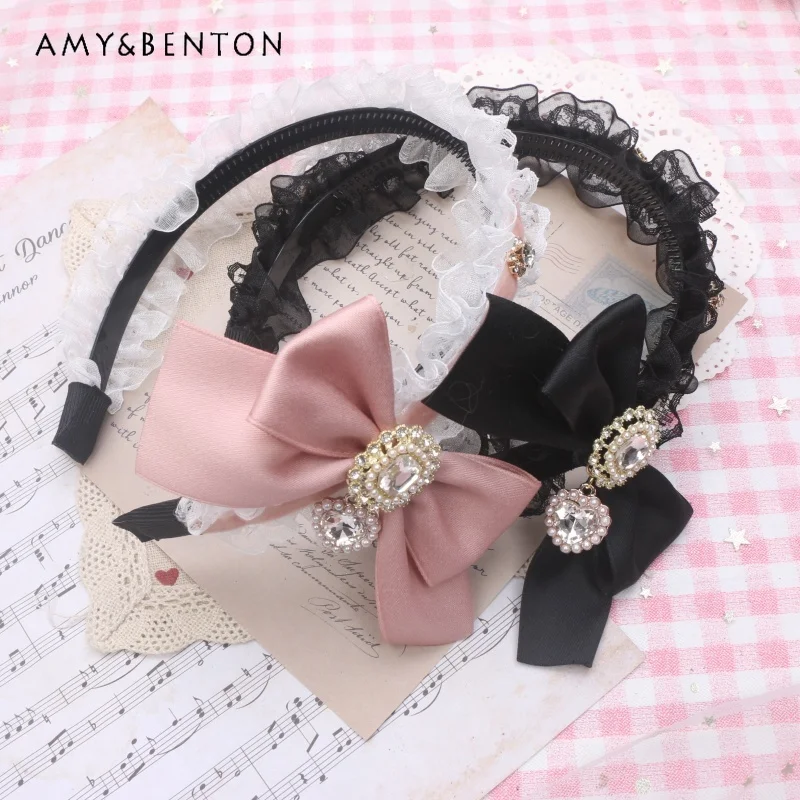 Handmade Sweet Cute Lace Mine Series Headband Cute Heart Shape Rhinestone Bow Head Band for Women Kawaii Lolita Hair Accessories