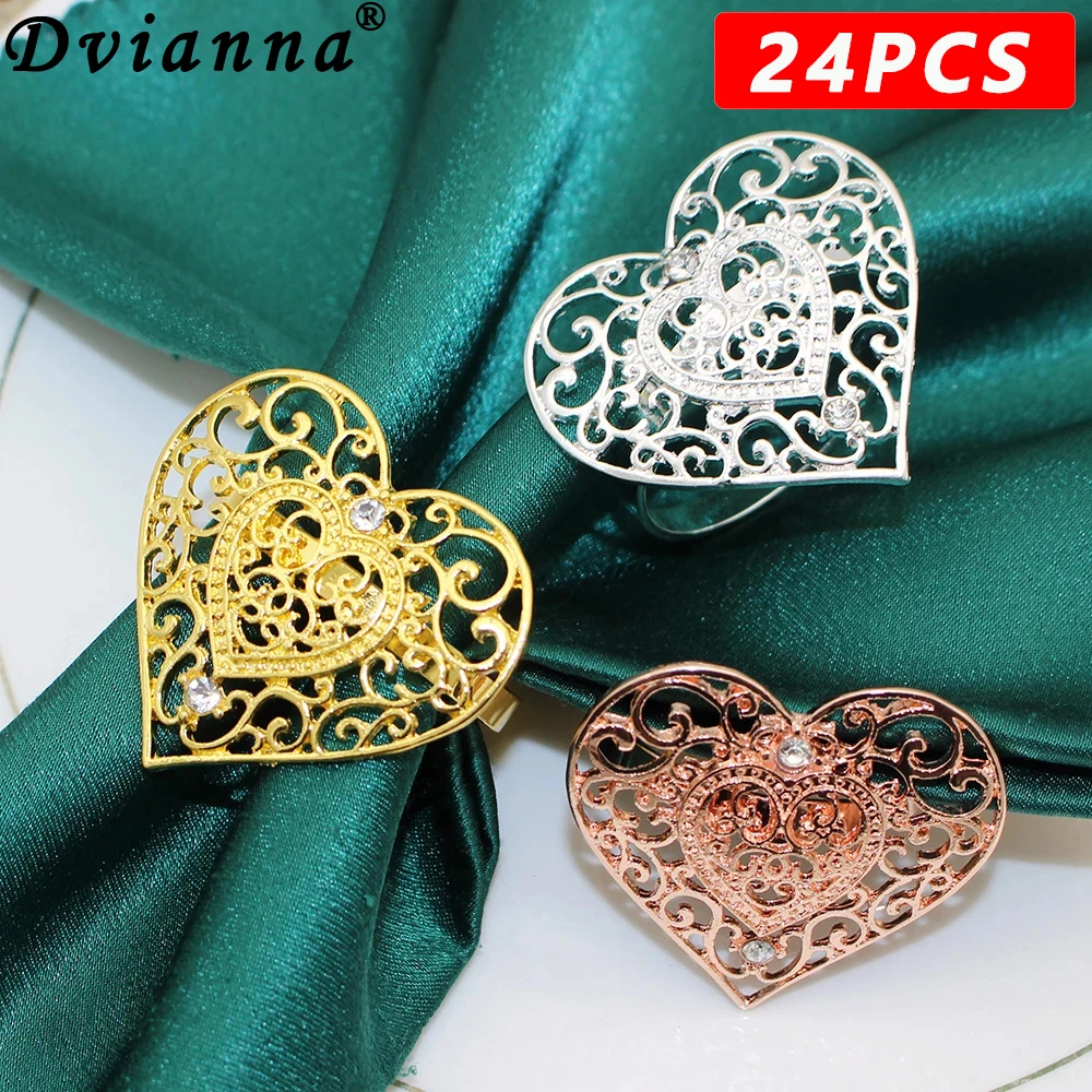 24Pcs Wedding Heart Napkin Ring Rhinestone Napkin Holder Ring for Valentine's Day Wedding Birthday Party Table Decoration HWW29