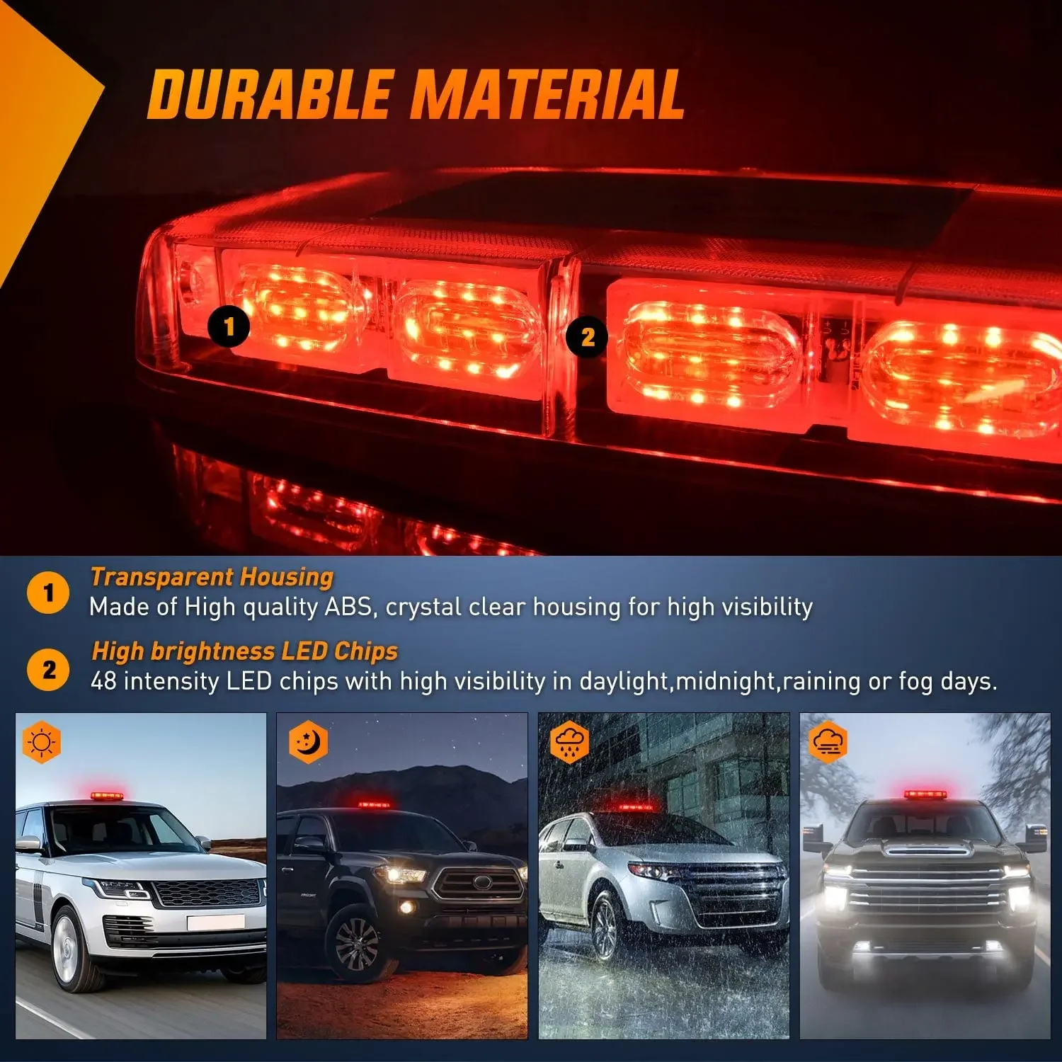 48LED Car Emergency Strobe Lights Roof Top Safety Warning Flashing Light Magnetic Mount Waterproof 12V/24V Trucks Police Lamp