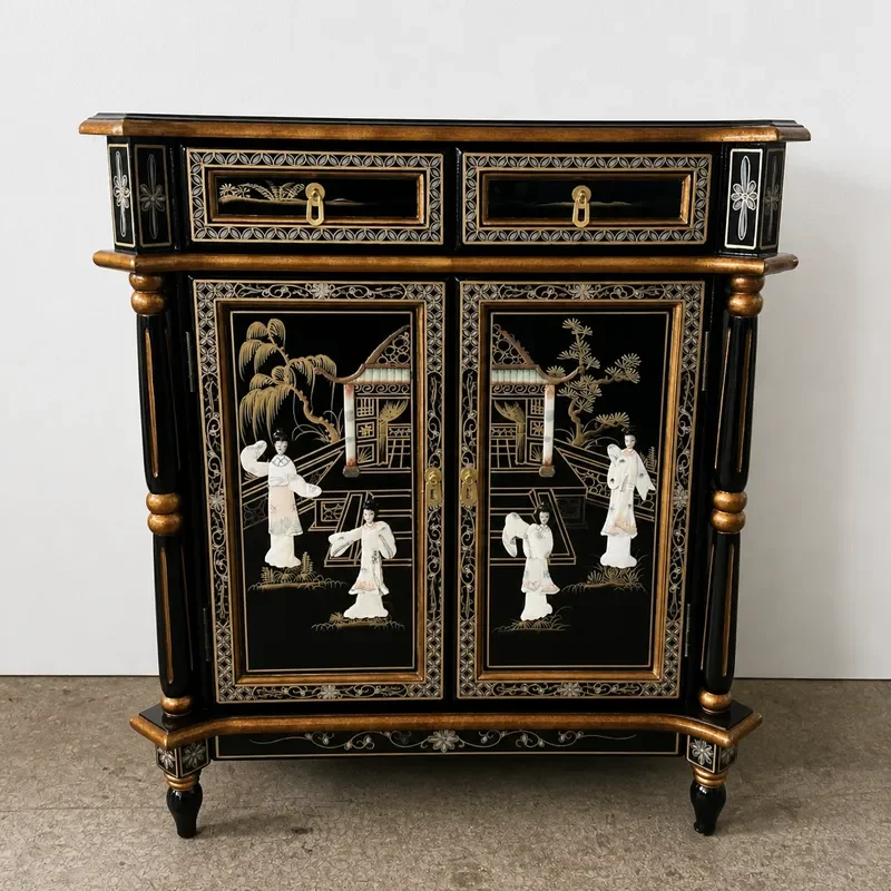 Classical Painted Storage Cabinet with Snail Shell Craft Design Two Doors and Two Drawers PU Bright Baking Finish Furniture