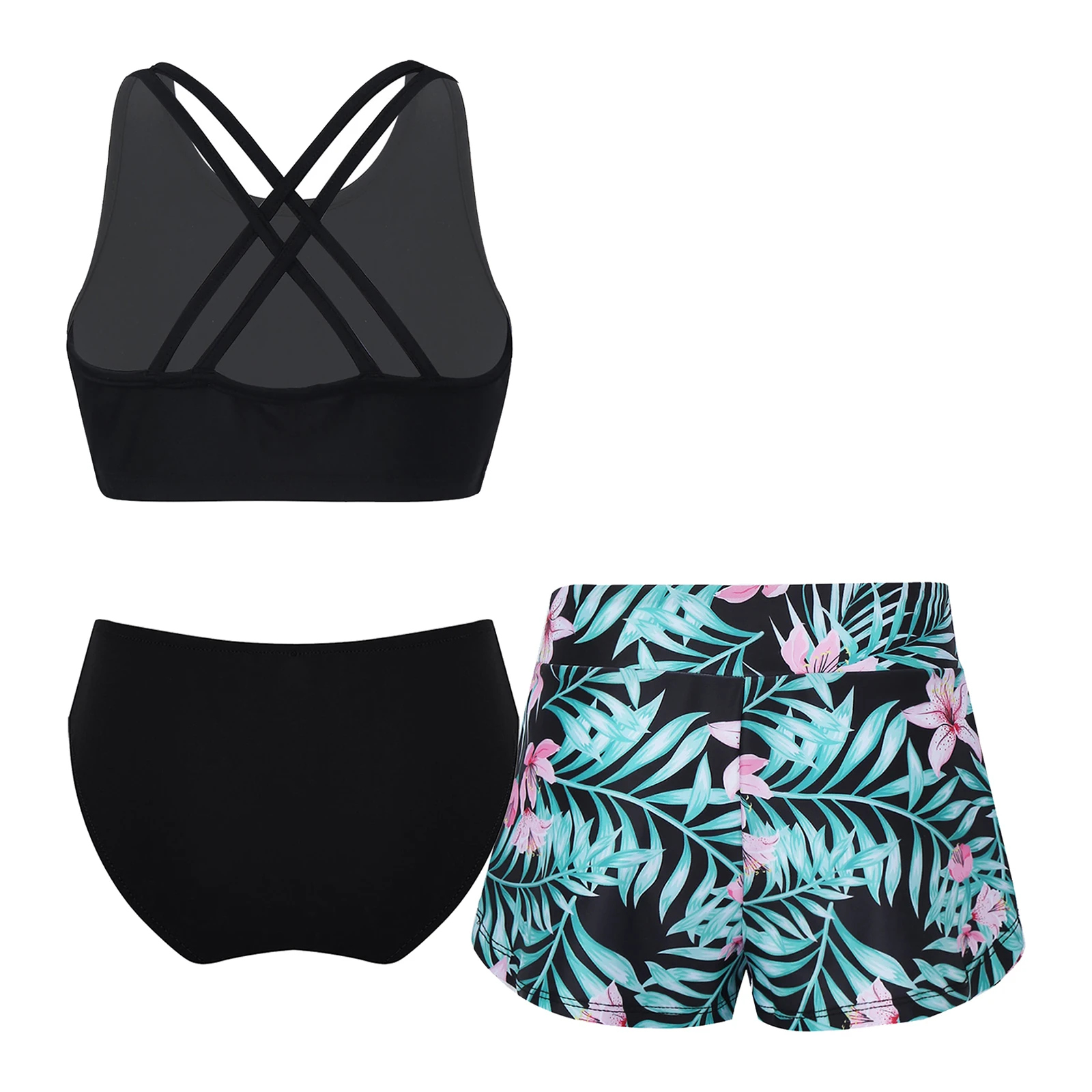 Dzieciaki dziewczynki 3 sztuki do pływania kostiumy kąpielowe plaży noszą Top typu Crop Tank Bikini Tankini + majtki + spodenki z nadrukiem strój