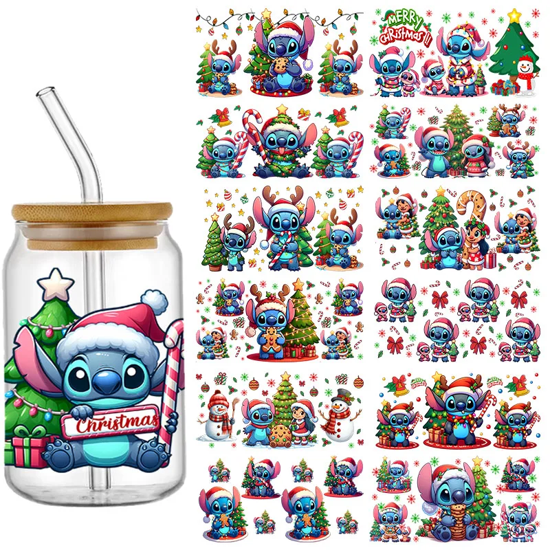 Christmas Disney Stitch&Lilo Cartoon UV DTF Wrap Sticker DIY For 16oz Libbey Glass Cup Waterproof Decals Cup Sticker